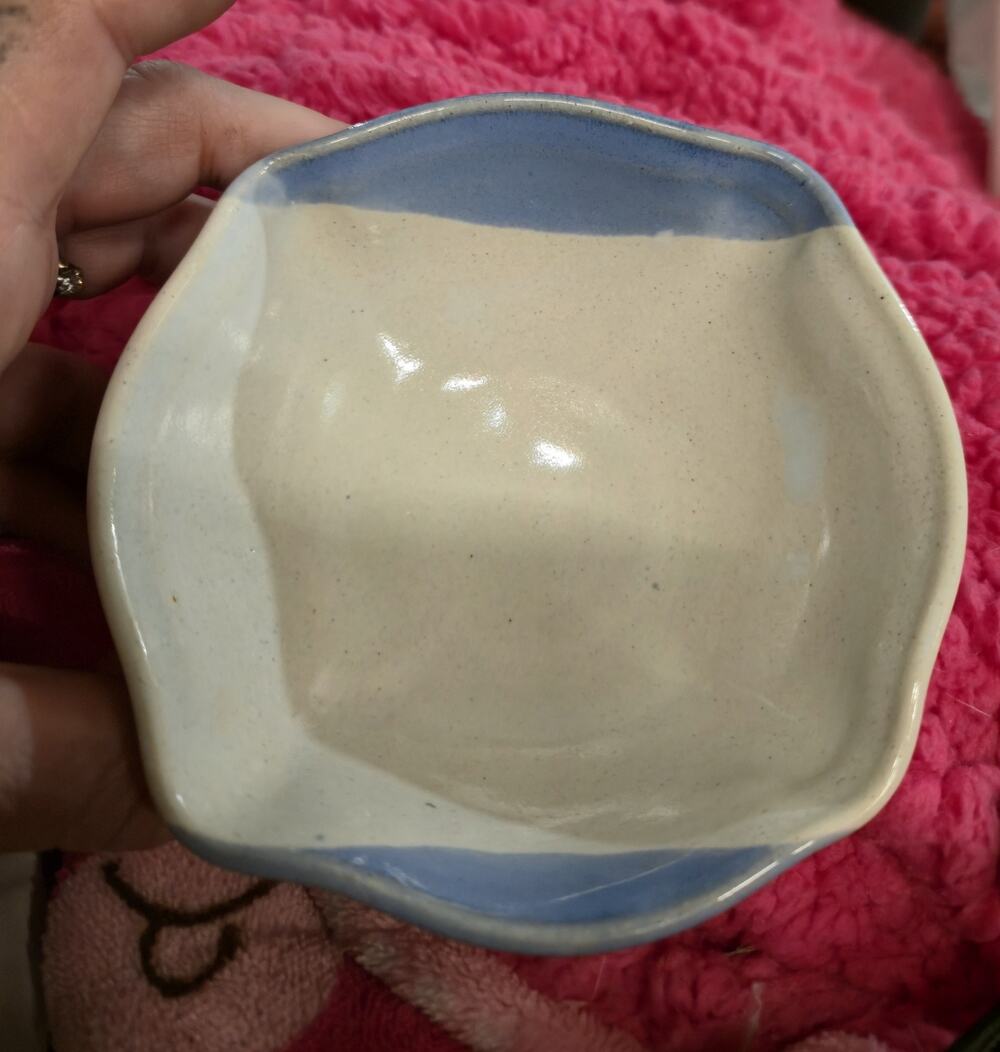 Empty Bowls Project Ceramic Art Bowl RD 2016 Hand Thrown Blue Cream 5”